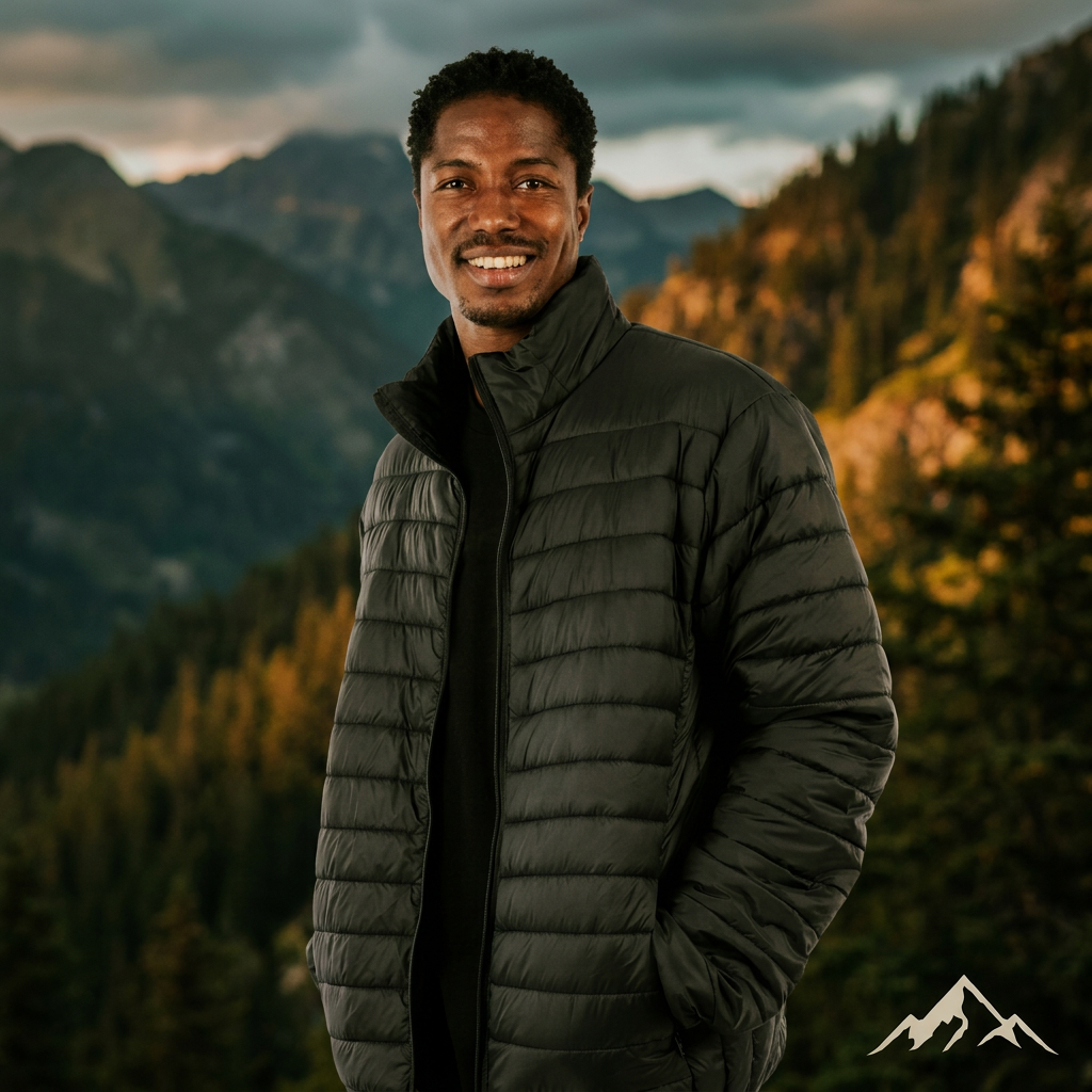 Man wearing a dark puffer jacket standing in front of a mountainous landscape with trees.